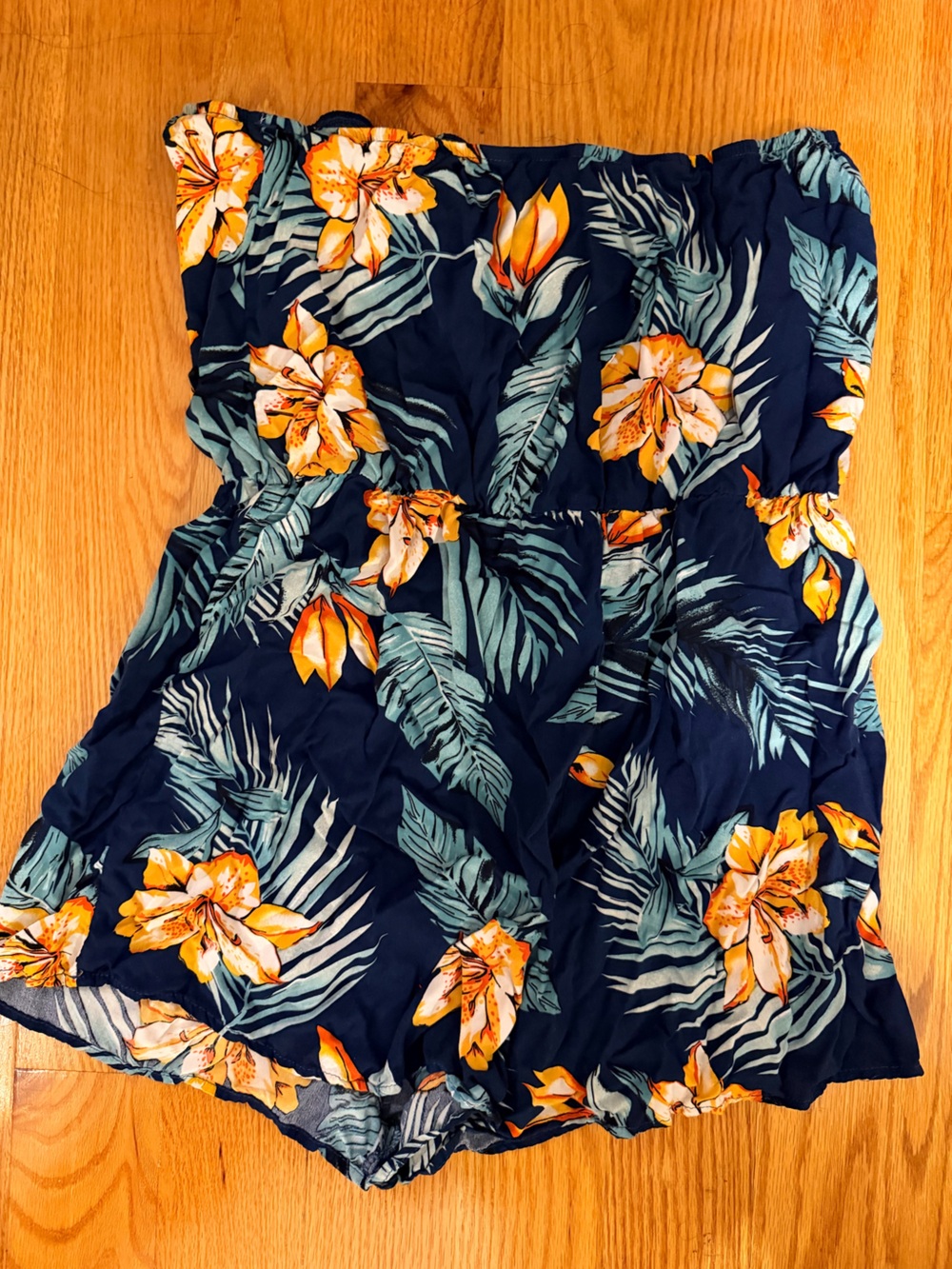 SHEIN Navy Floral Strapless Romper with Yellow Orange Blooms